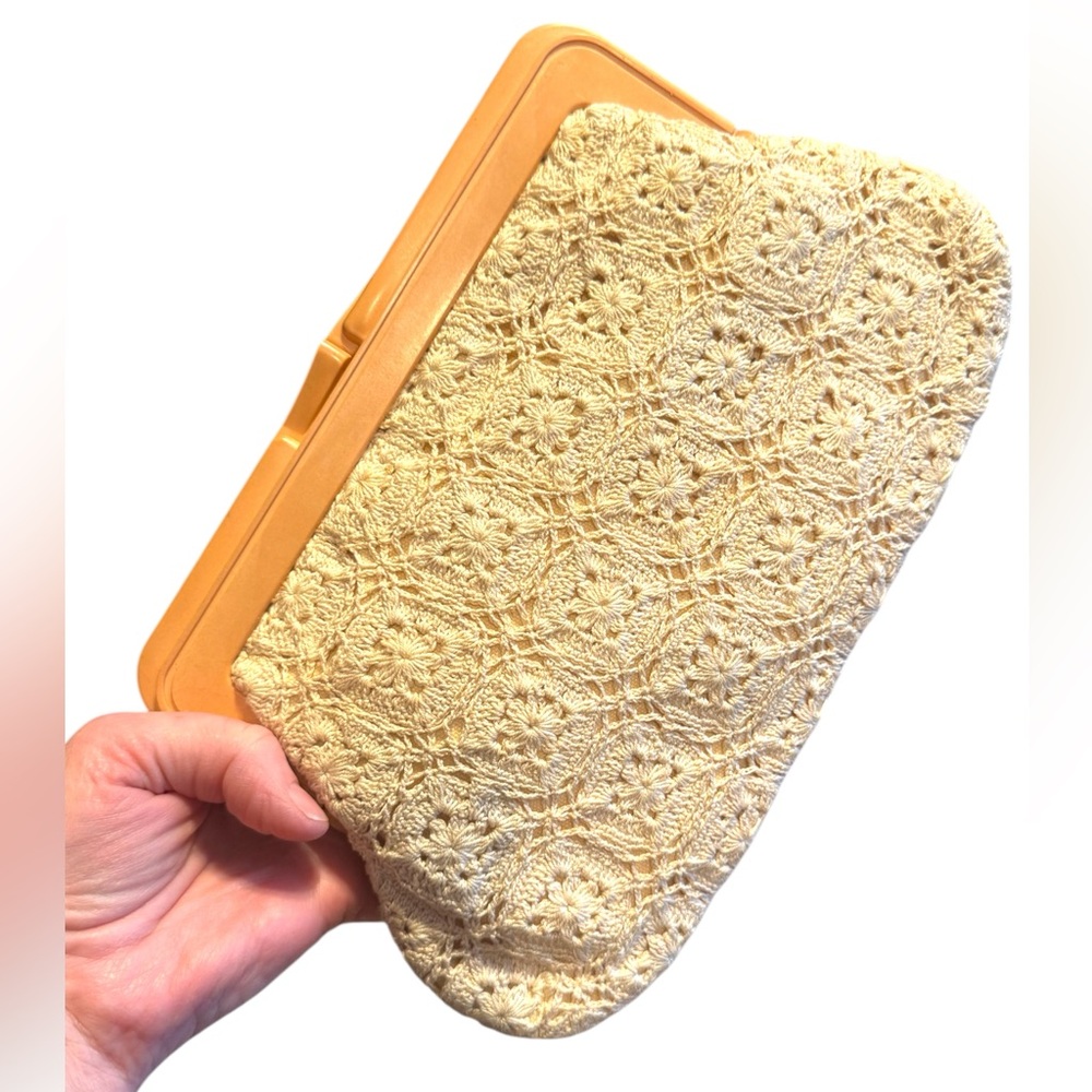 Vintage crochet MAGID Lace Clutch with Gold Trim 1970s